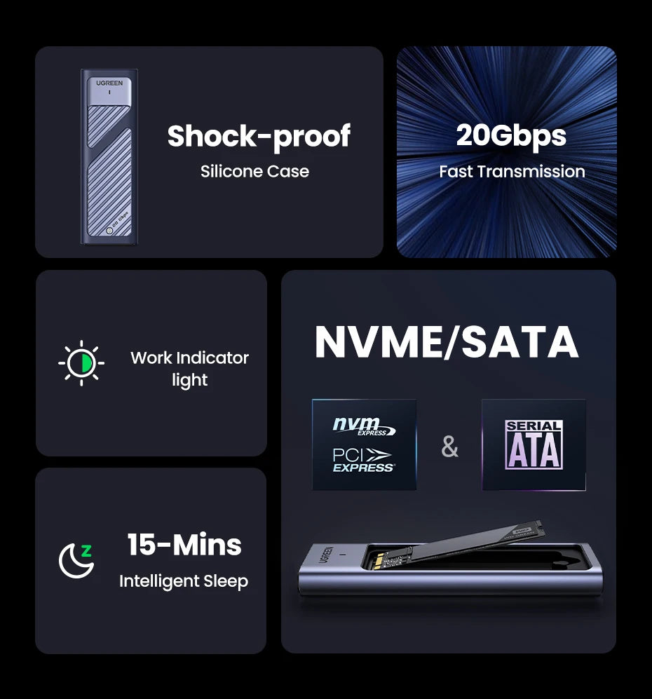 UGREEN M.2 SSD Enclosure | NVMe & SATA | USB 3.2 Gen2 20Gbps | Supports 2230–2280