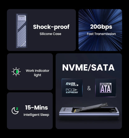 UGREEN M.2 SSD Enclosure | NVMe & SATA | USB 3.2 Gen2 20Gbps | Supports 2230–2280