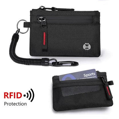 RFID Nylon Mini Wallet with Zipper & D-Ring Clip