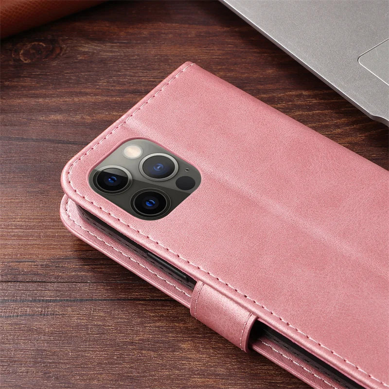 R.E.D. Shopping iPhone 16 Plus leather zipper wallet case with card slots and magnetic stand, featuring a sleek black design.