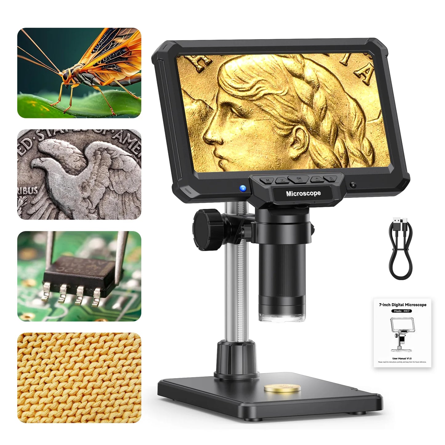 7" 1200X 16MP HD Electronic Digital Microscope – Camera for PCB, Phone & Coin Inspection