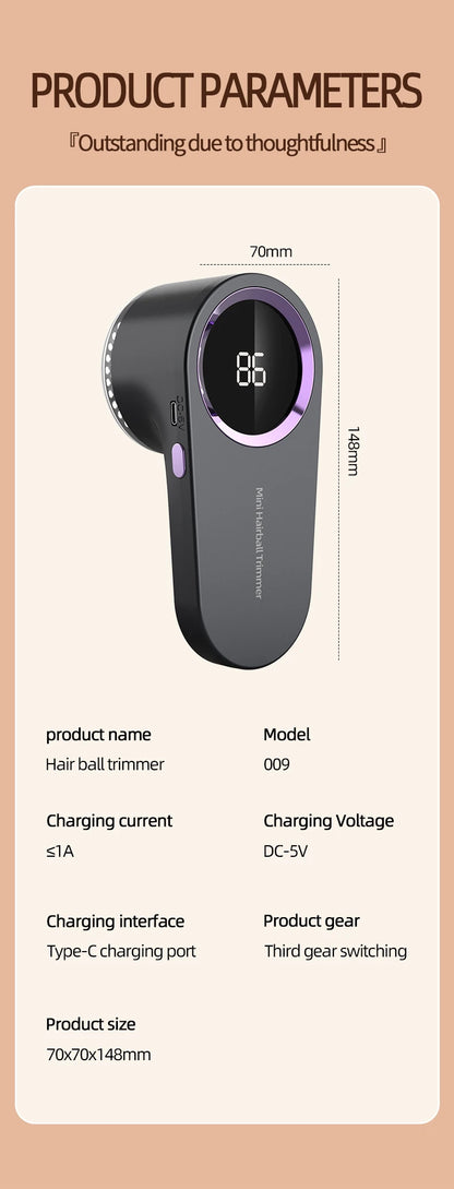 Electric Lint Remover — Smart LED Digital Display, USB Charging, Portable Fabric Hair Ball Trimmer