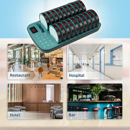 RETEKESS TD167A wireless restaurant calling system coaster pager for food trucks, cafés, and hotels, featuring buzzer and LED indicators.