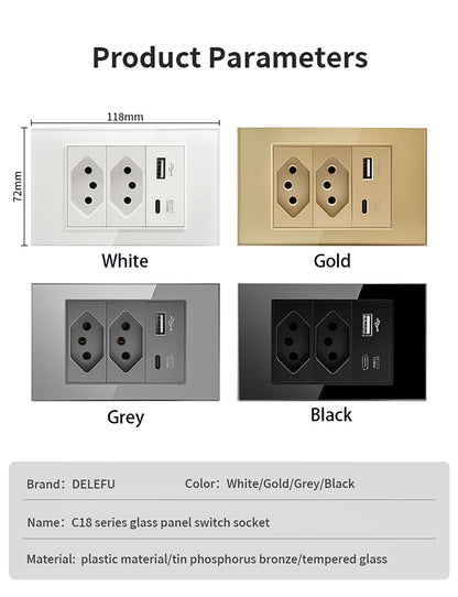 DELEFU Tempered Glass Smart Wall Socket with USB-C | Tuya WiFi | 10A–20A