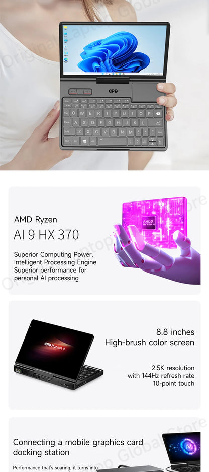 GPD Pocket 4 Mini Laptop – 8.8" 2.5K 144Hz, AMD Ryzen 7 8840U / AI 9 HX 370, Up to 32GB RAM