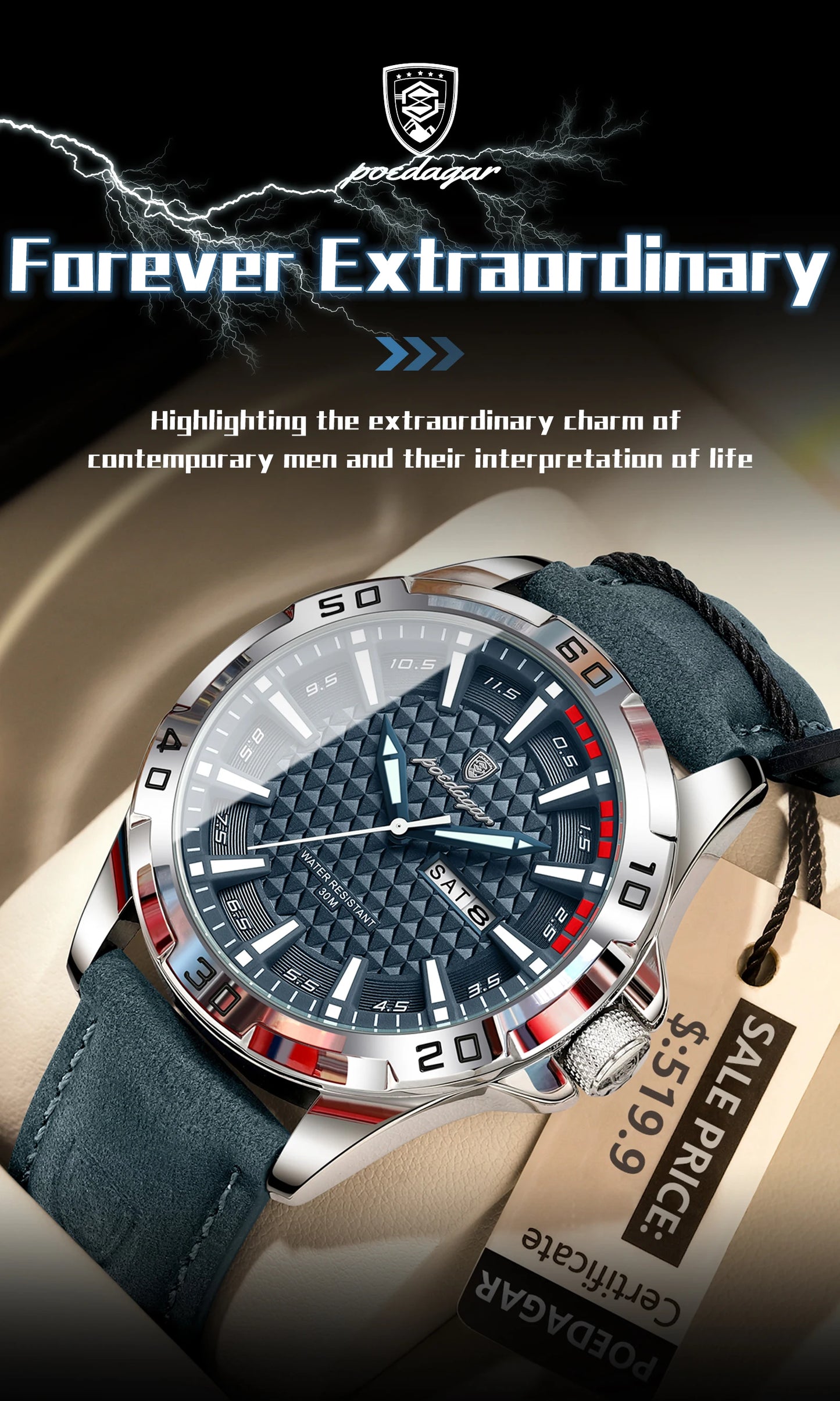 POEDAGAR Men's Luxury Wristwatch – Waterproof, Luminous, Date & Week Display, Quartz Sport Leather