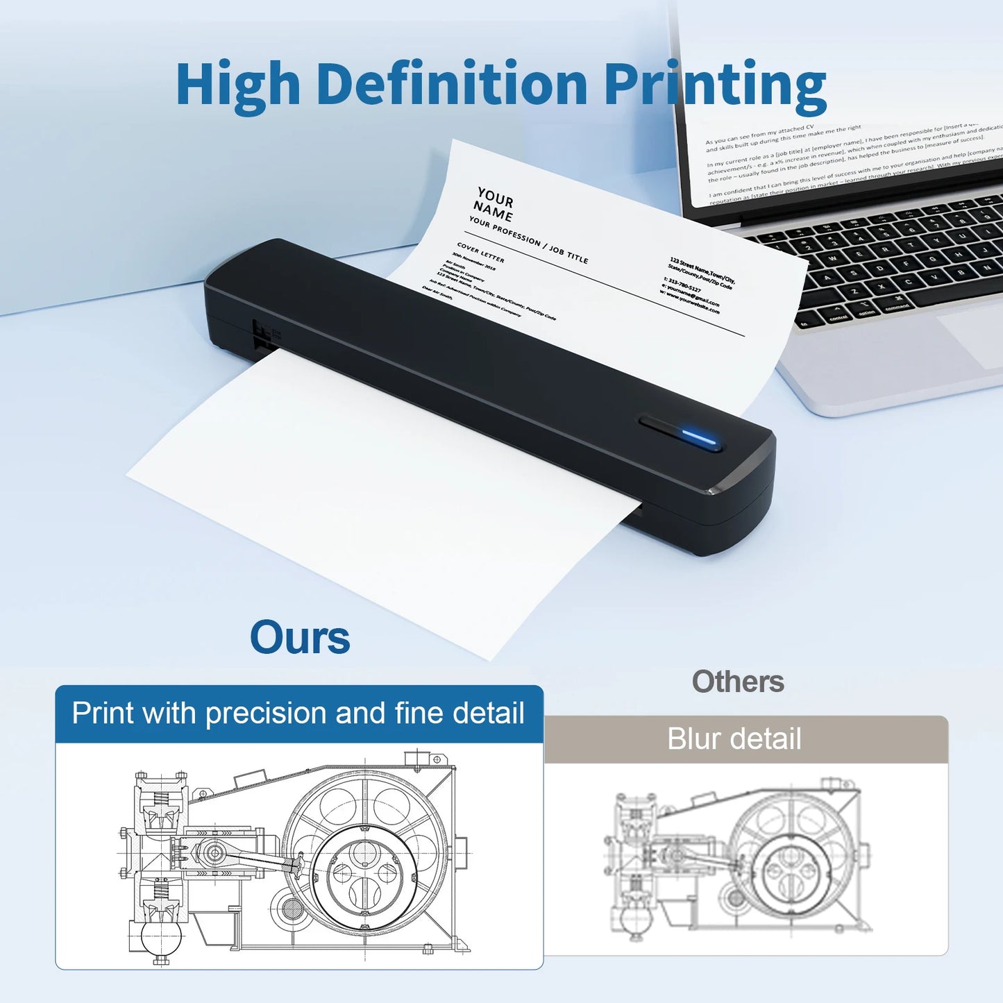 Portable A4 Wireless Inkless Thermal Printer – Bluetooth, 300DPI, 20ppm, Android & iOS