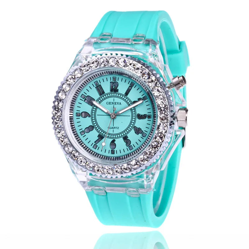 LED flash luminous watch by R.E.D. Shopping with rhinestone accents, silicone strap, suitable for kids and adults.