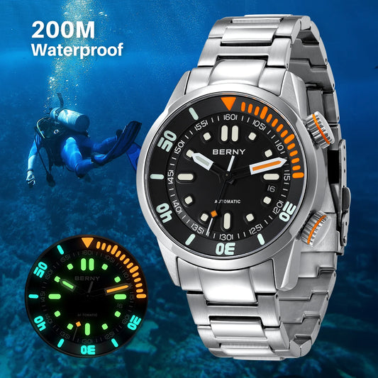 BERNY Automatic Dive Watch – Sapphire Crystal, 200M Water Resistant, NH35 Movement