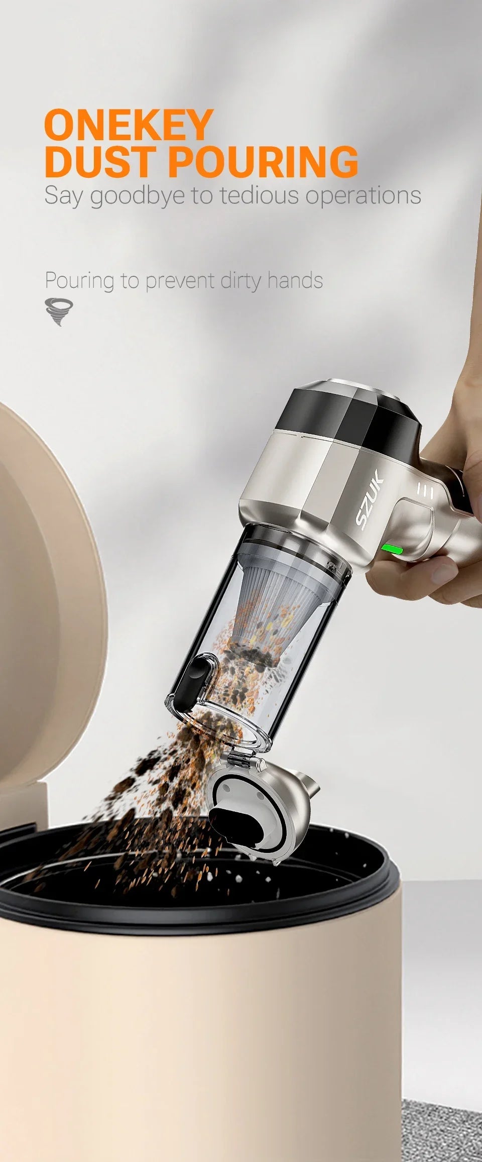 R.E.D. Shopping SZUK portable car vacuum cleaner with 100W power, 15KPa suction, handheld wireless design for home and car cleaning.