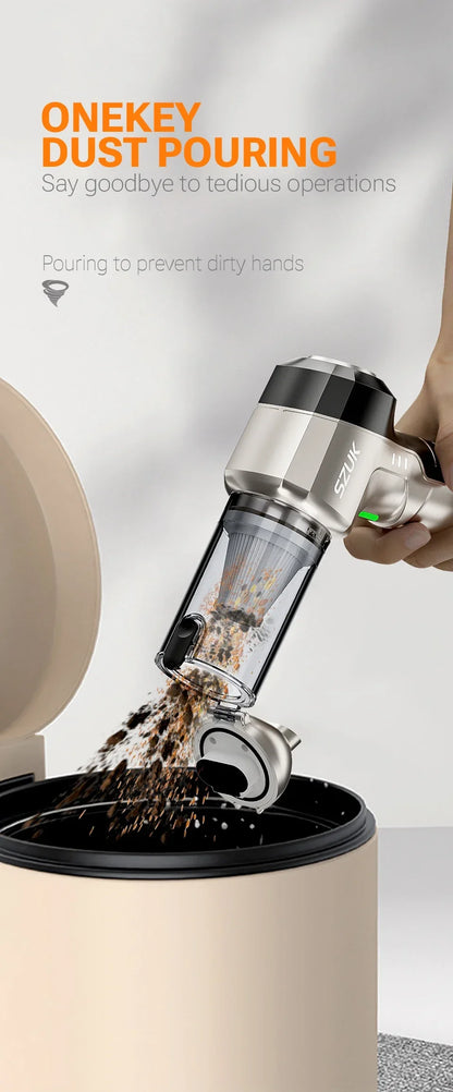 R.E.D. Shopping SZUK portable car vacuum cleaner with 100W power, 15KPa suction, handheld wireless design for home and car cleaning.