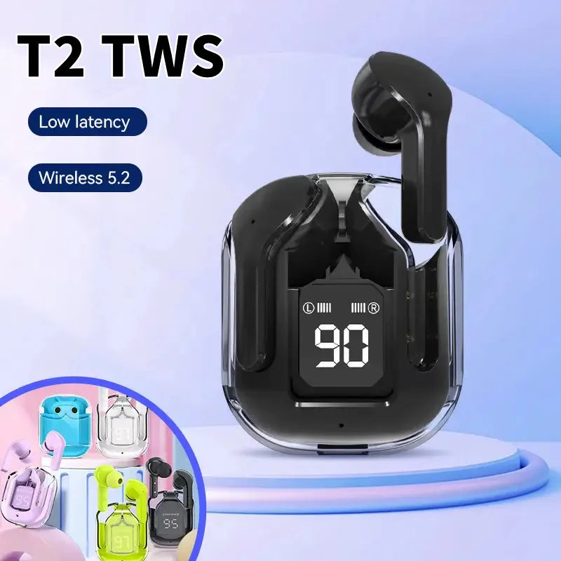 R.E.D. T2 Wireless Bluetooth Earphones with transparent design, LED display, and 24-hour battery life.
