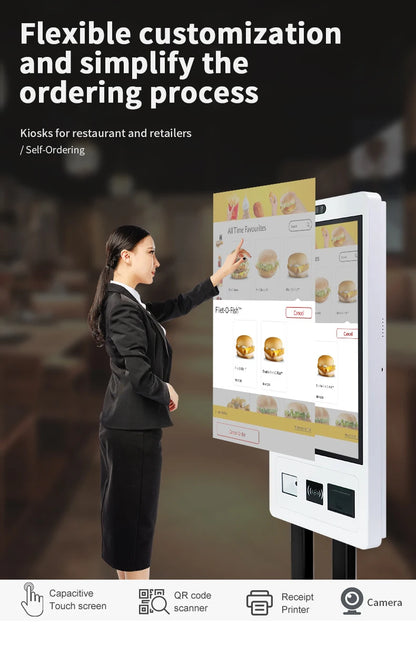 R.E.D. Shopping TouchWo 15.6-23.8-inch wall mount touchscreen kiosk with sleek self-service checkout and payment terminal.