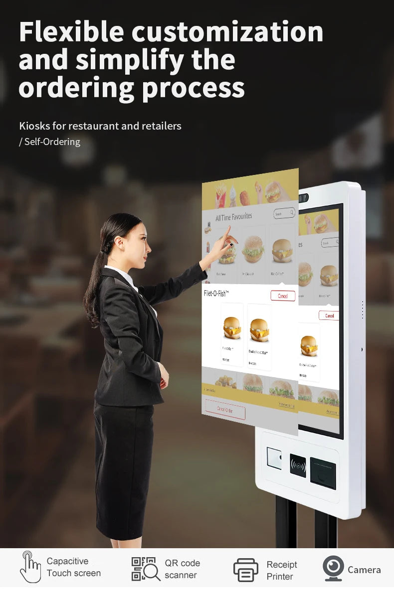 TouchWo 27-32 inch touchscreen kiosk by R.E.D. Shopping, used for ticketing, payments, and ordering in retail or hospitality settings.