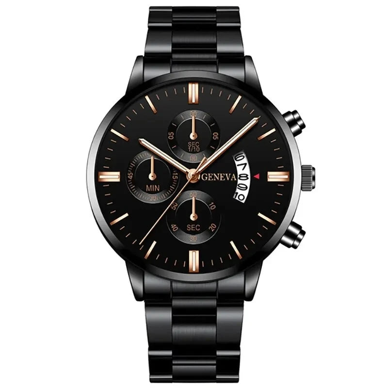 Men’s luxury stainless steel quartz wristwatch with calendar feature, stylish business accessory by R.E.D. Shopping.