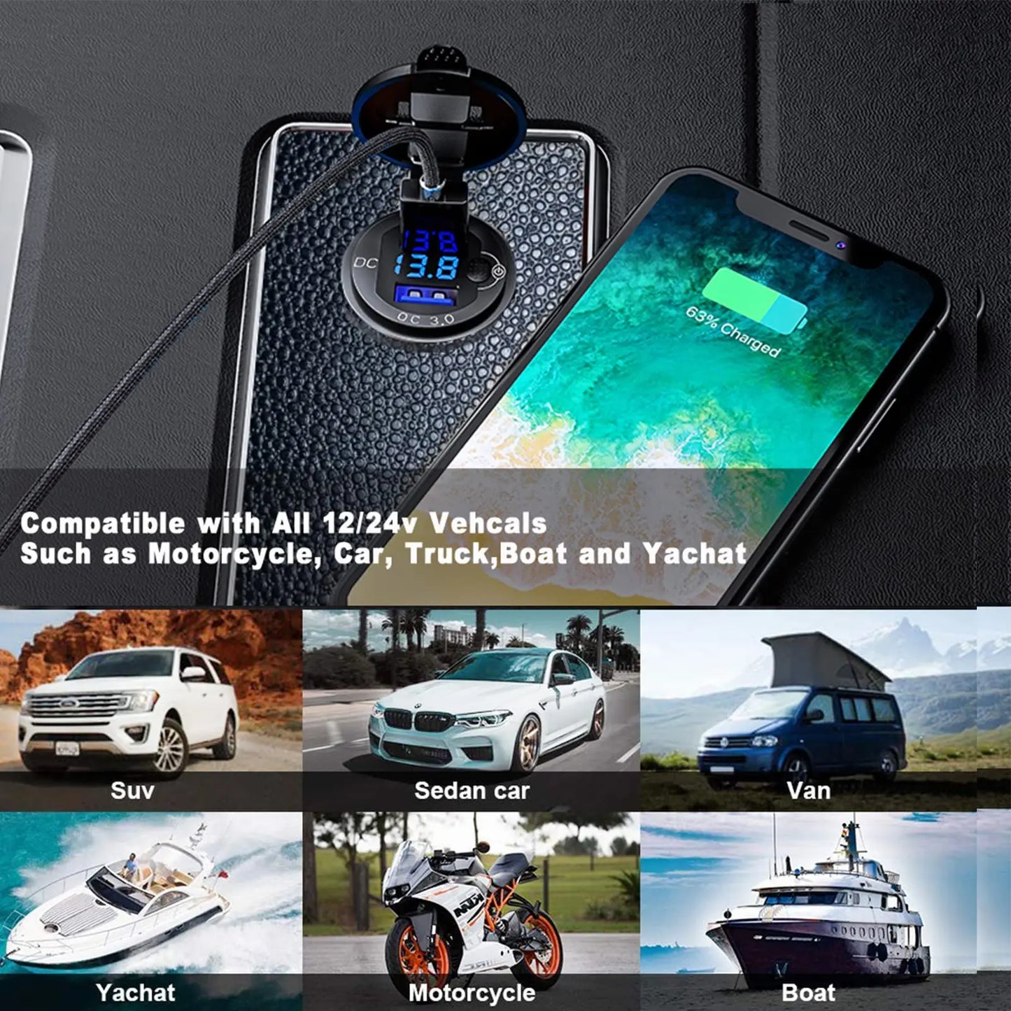 63W Aluminum USB-C Car Charger Socket – PD & QC3.0 Dual Port, 12V/24V for Car, Boat & Motorcycle
