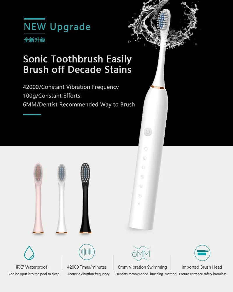 Xiaomi 6 Gear Sonic Electric Toothbrush with 8 brush heads, waterproof design, rechargeable, and whitening features.