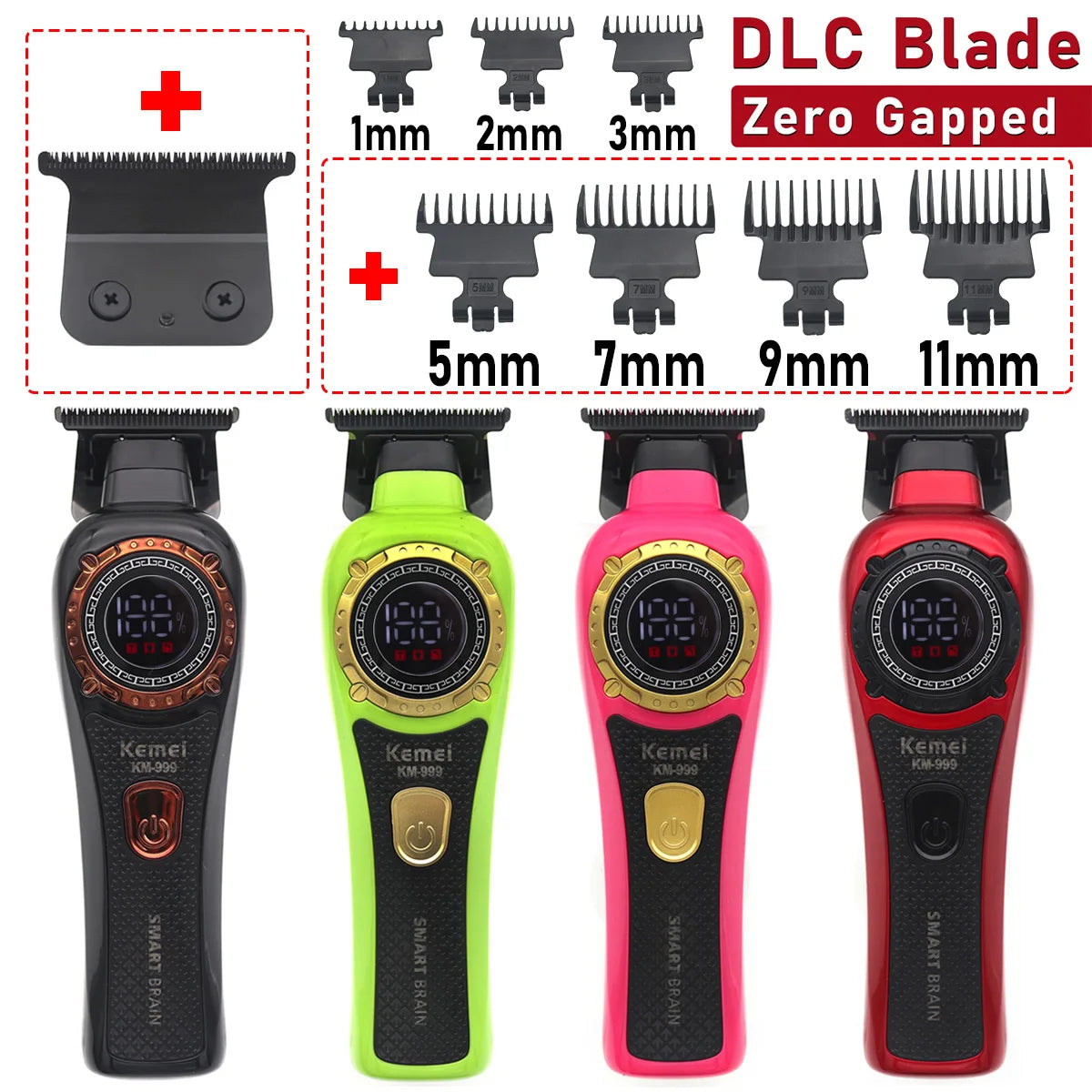 Kemei KM-999 Professional Hair Trimmer – DLC T-Blade, Zero Gap, LED Display, Cordless USB Clipper