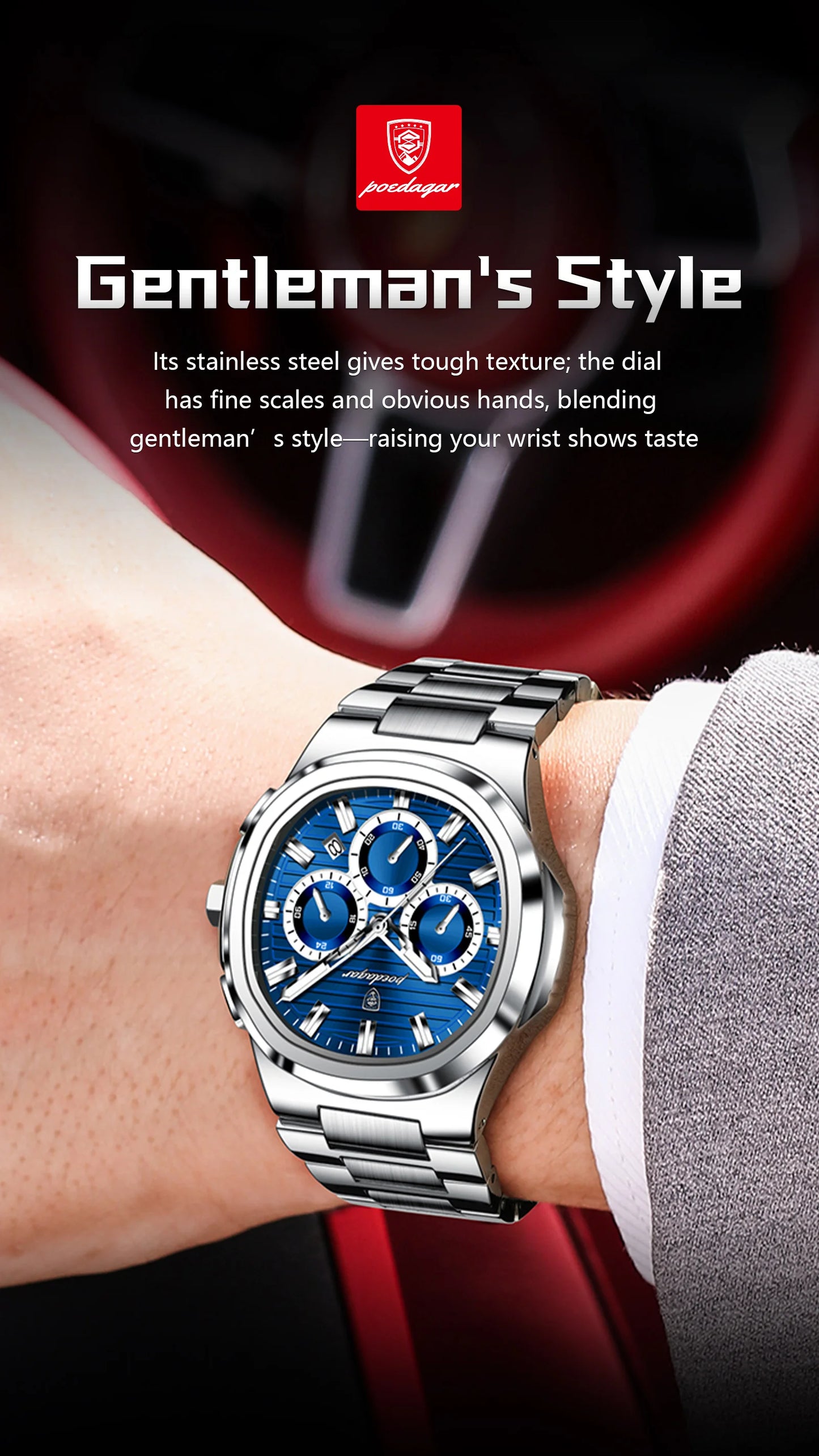 POEDAGAR Men's Luxury Chronograph Watch – Stainless Steel, Waterproof, Luminous, Date