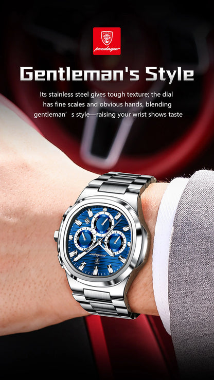 POEDAGAR Men's Luxury Chronograph Watch – Stainless Steel, Waterproof, Luminous, Date
