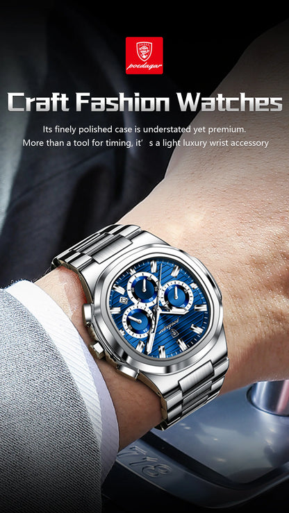 POEDAGAR Men's Luxury Chronograph Watch – Stainless Steel, Waterproof, Luminous, Date