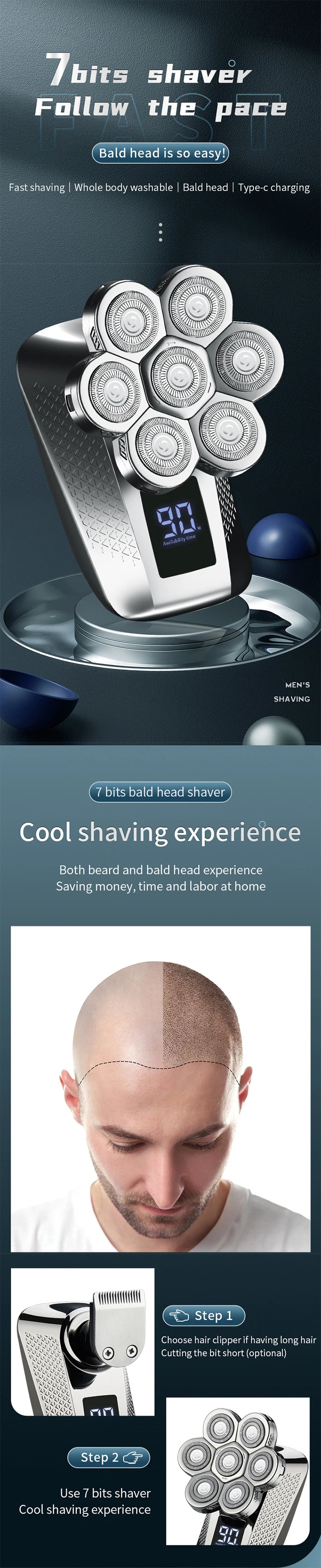 DUTRIEUX 5-in-1 7D Head Shaver for Men – Cordless, Wet & Dry, LED Display, Waterproof, Grooming Kit