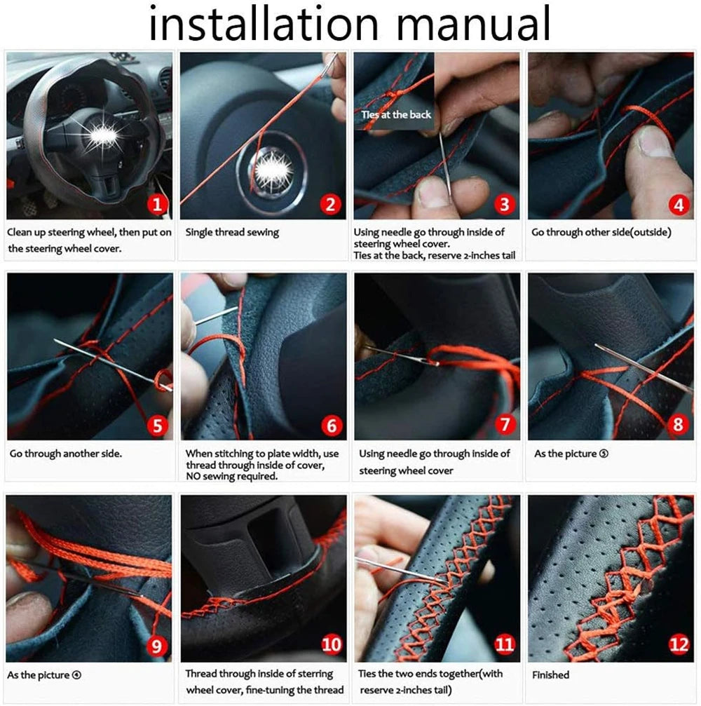 Genuine Leather Braid Steering Wheel Cover | 38cm Hand-Sewn Cowhide with Needles & Thread