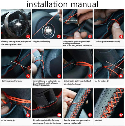 Genuine Leather Braid Steering Wheel Cover | 38cm Hand-Sewn Cowhide with Needles & Thread