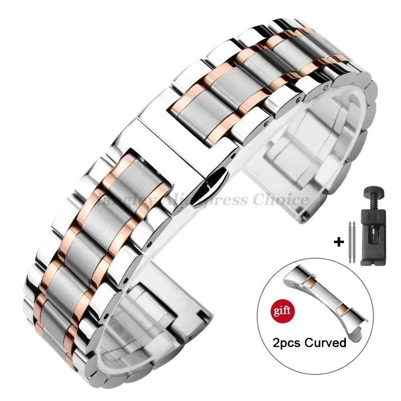 Curved End Solid Stainless Steel Watch Strap – Universal 12–24mm with Butterfly Clasp