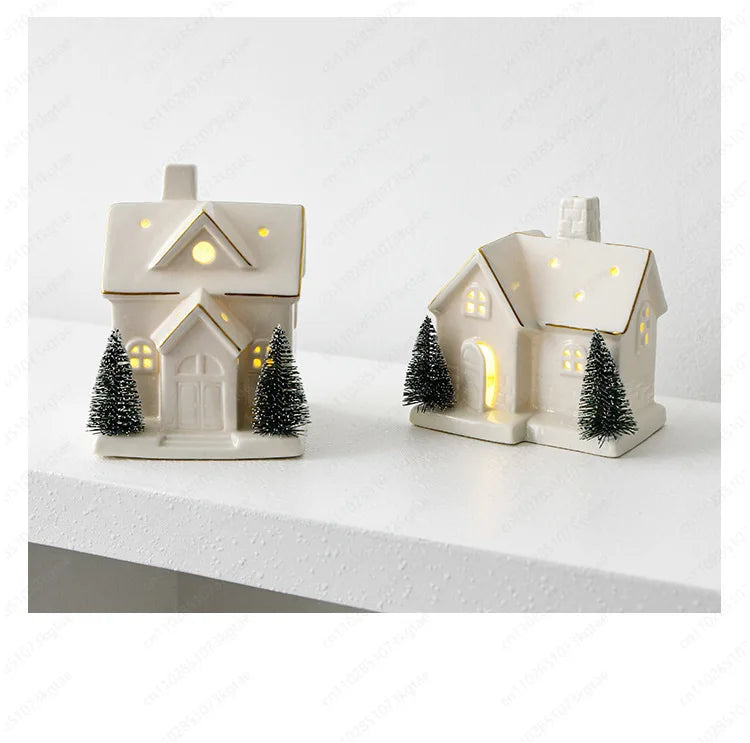 Christmas luminous snow house ceramic ornament with LED lights, tabletop holiday decor by R.E.D. Shopping.