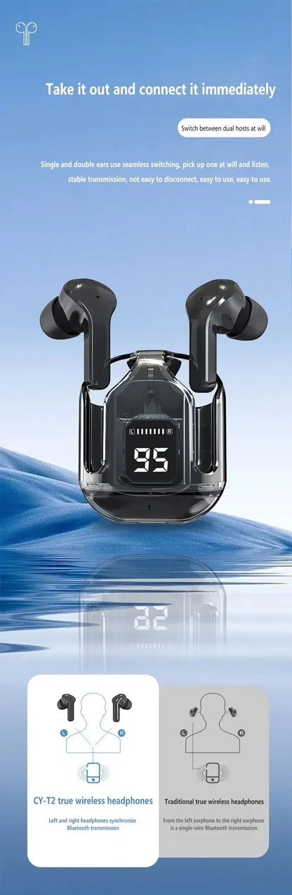 R.E.D. T2 Wireless Bluetooth Earphones with transparent design, LED display, and 24-hour battery life, showcasing earphone and charging case