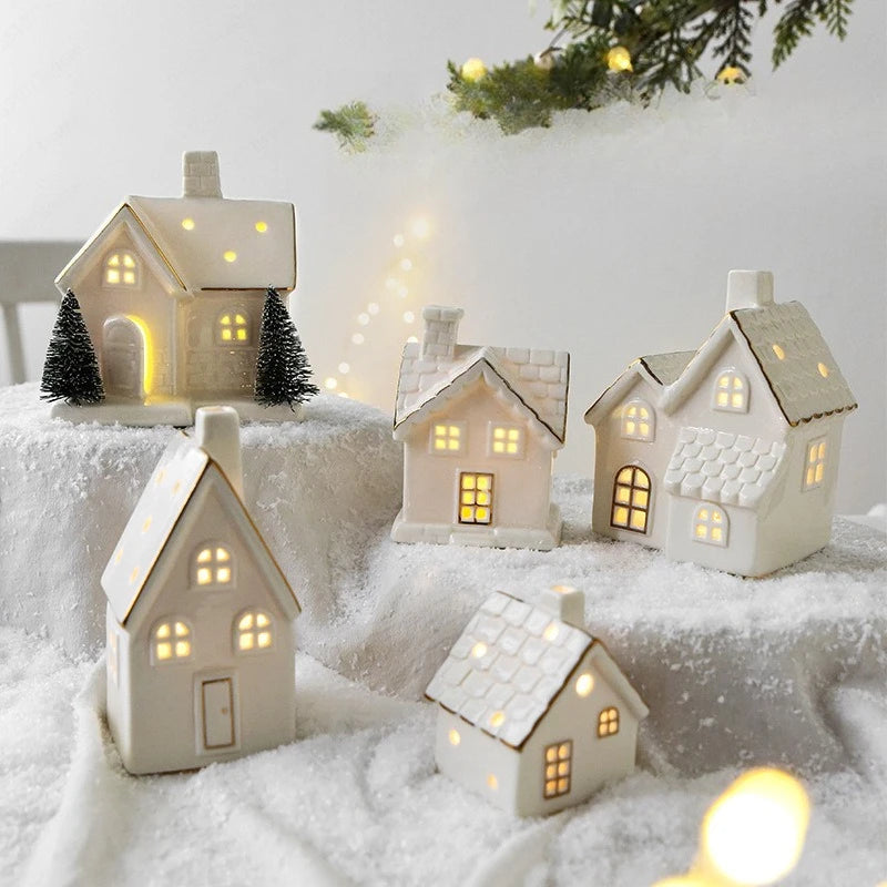 Christmas luminous snow house ceramic ornament with LED lighting, tabletop home decor by R.E.D. Shopping.