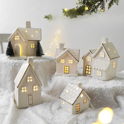 Christmas luminous snow house ceramic ornament with LED lighting, tabletop home decor by R.E.D. Shopping.