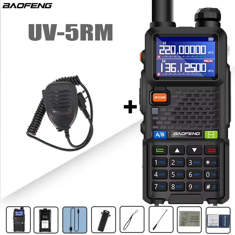 Baofeng UV-5RM four-band walkie talkie with 999 channels and 3800mAh battery, handheld two-way radio for communication.