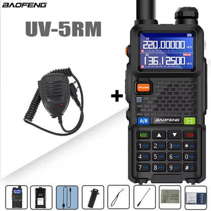 Baofeng UV-5RM four-band walkie talkie with 999 channels and 3800mAh battery, handheld two-way radio for communication.