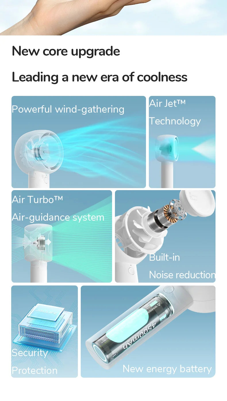 JISULIFE Mini Portable Bladeless Fan | 4W Turbo | 2000/4500mAh | CE Certified | Pocket Hand Fan | White / Brown / Green