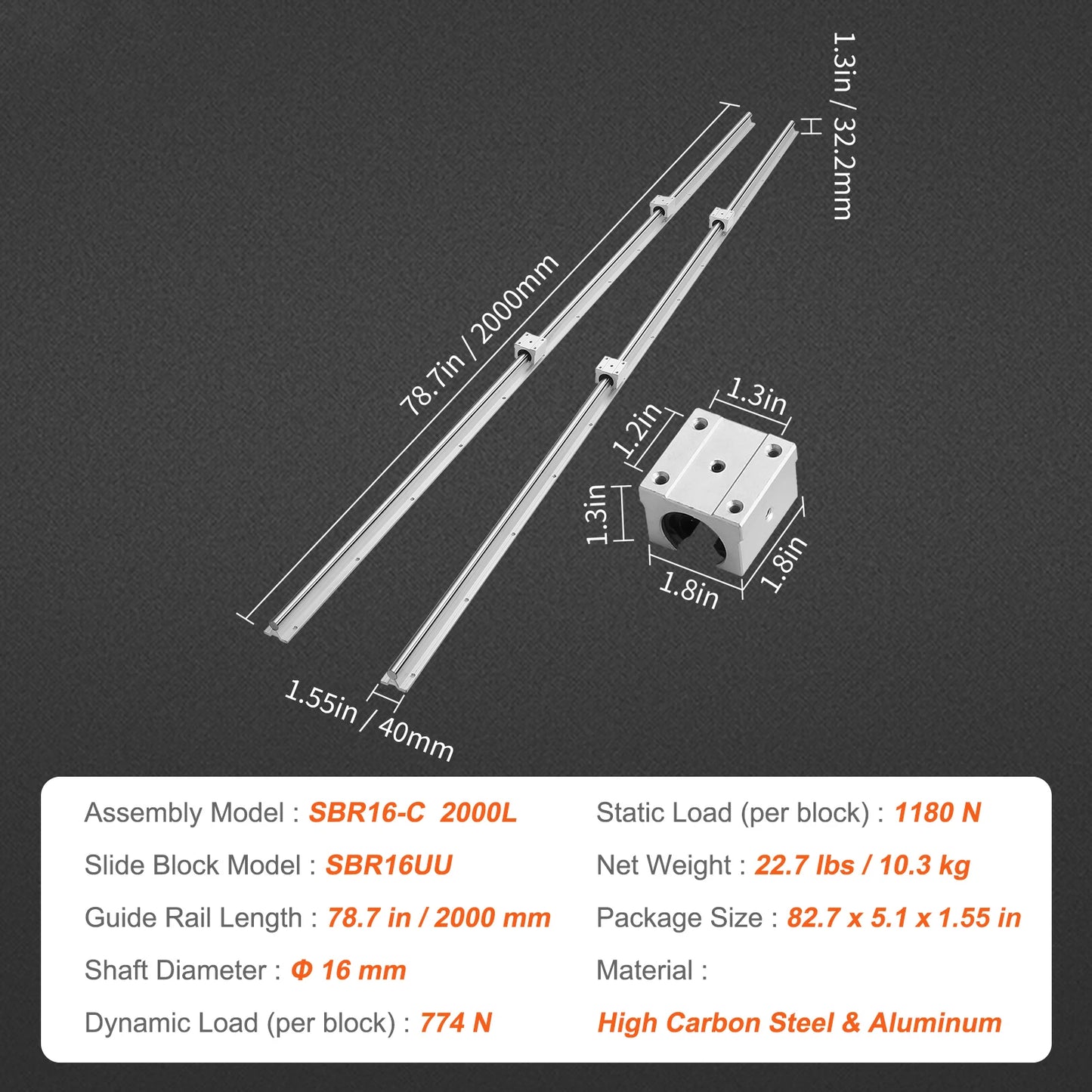 SBR Linear Guide Rails 800–2200mm with UU Bearing Blocks (2+4 Set)