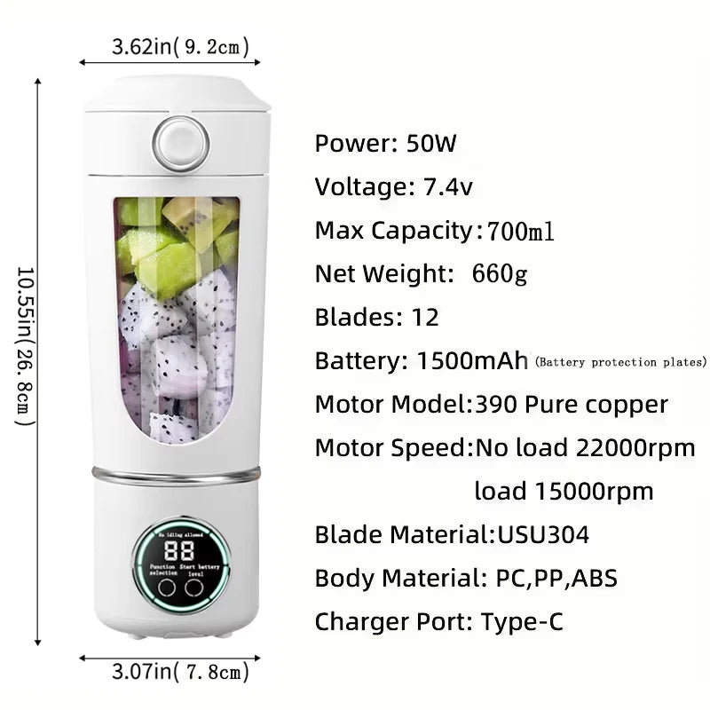 Portable Juice Blender 700ml | USB Rechargeable | 2-in-1 Bottle | Smoothie Maker