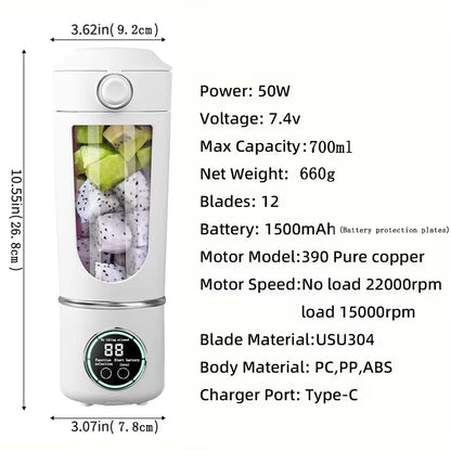 Portable Juice Blender 700ml | USB Rechargeable | 2-in-1 Bottle | Smoothie Maker