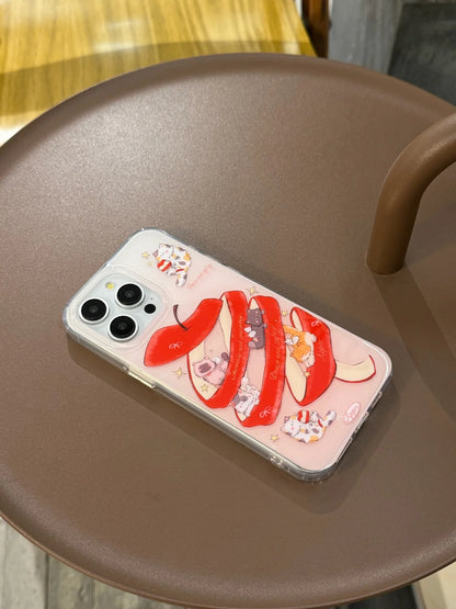 Korean Ins Sliced Apple Dual-Layer Case for iPhone 16/15/14/13/12/11 Pro Max – Cute Dangle Cover
