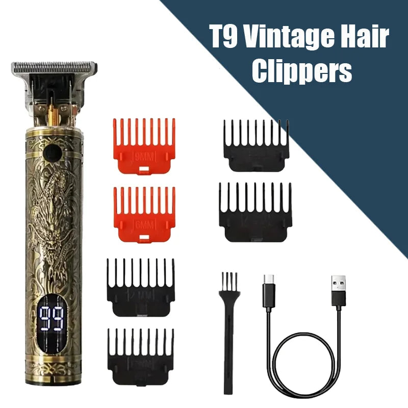 R.E.D. Shopping T9 professional hair clipper with USB fast charging for beard and body trimming, sleek black design, and adjustable blades.