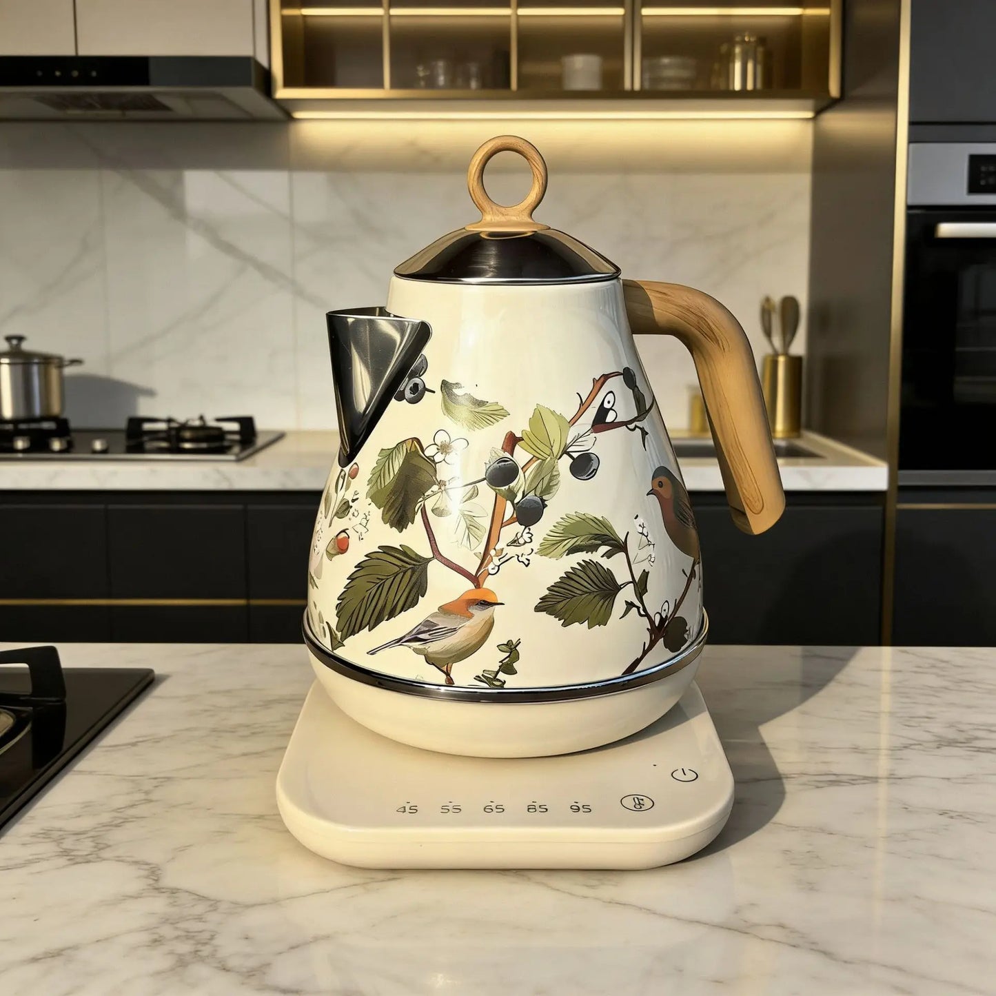 Retro Decal Electric Kettle – 1.7L, 304 Stainless Steel, Temperature Control, Wood Grain Handle