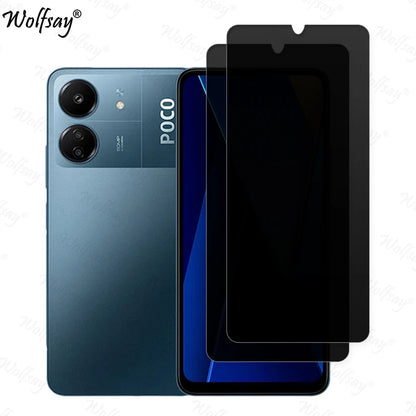 Xiaomi Poco C65 anti-spy privacy tempered glass screen protector installed on mobile phone, offering privacy and screen protection