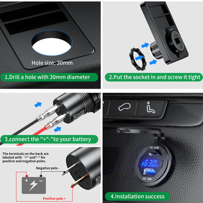 63W Aluminum USB-C Car Charger Socket – PD & QC3.0 Dual Port, 12V/24V for Car, Boat & Motorcycle