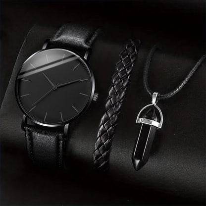 Men's business watch set with leather band, quartz watch, necklace, and bracelet, featuring sleek, stylish accessories in the image.