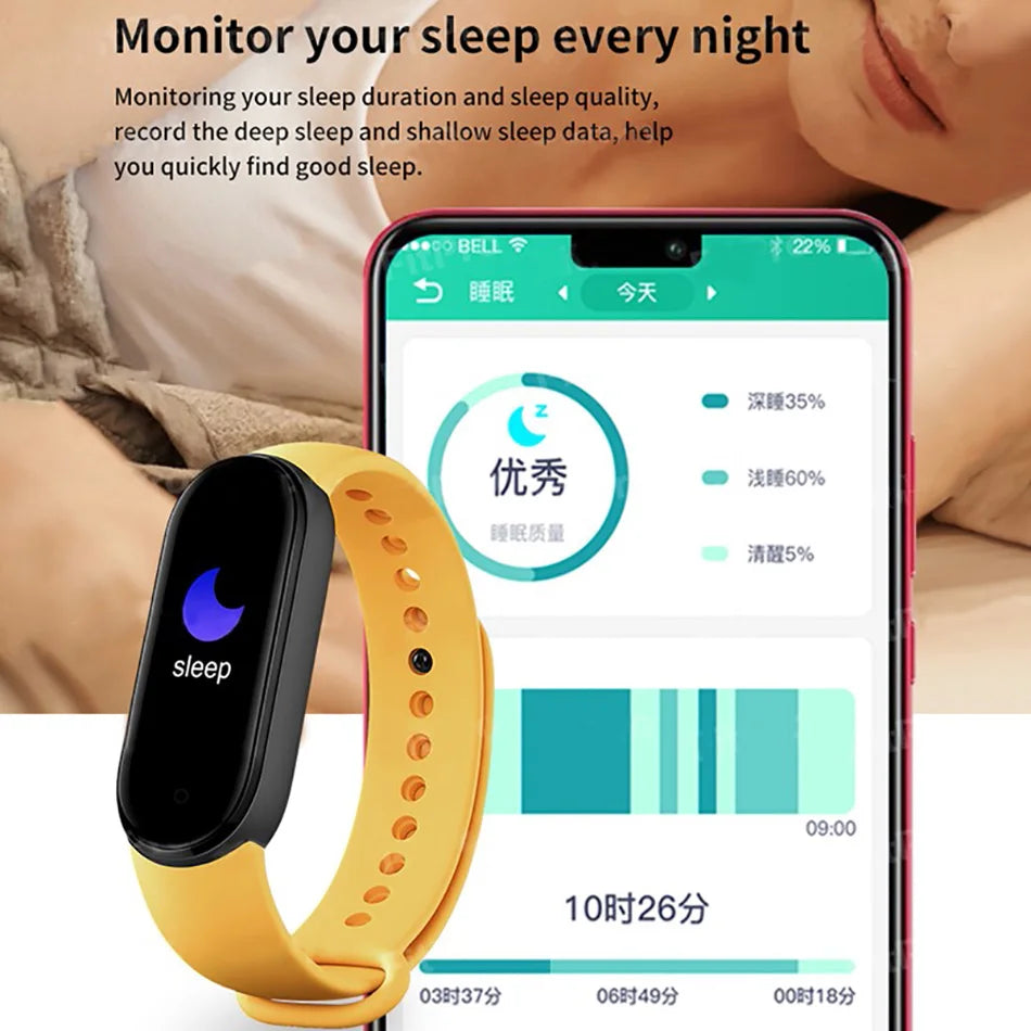 R.E.D. Shopping M6 Smart Fitness Bracelet showing heart rate monitor and sleep tracking display, waterproof design in black.