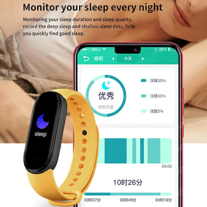 R.E.D. Shopping M6 Smart Fitness Bracelet showing heart rate monitor and sleep tracking display, waterproof design in black.