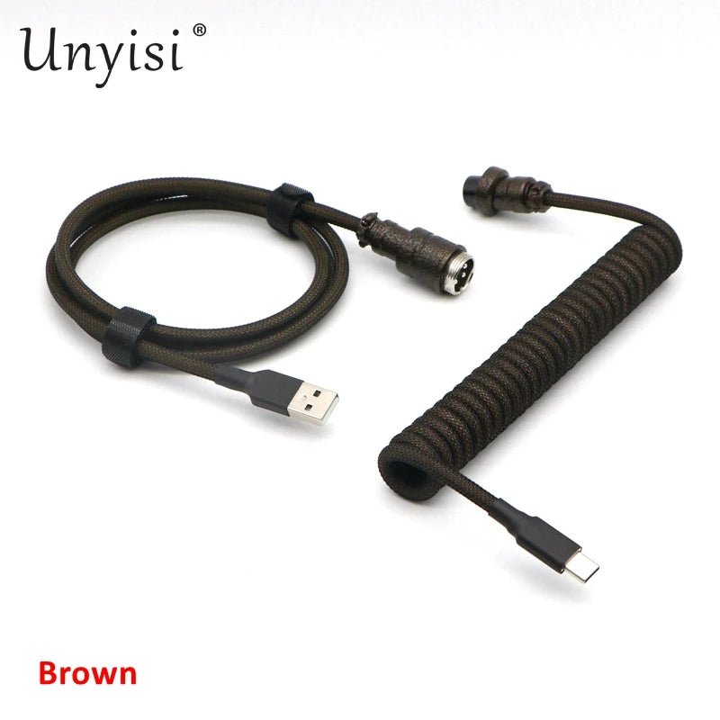 Handmade R.E.D. Shopping paracord and PET coiled USB-A to USB-C cable with GX16 aviator connector for mechanical keyboards.