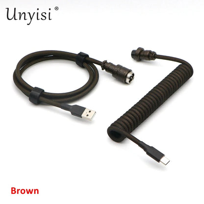 Handmade R.E.D. Shopping paracord and PET coiled USB-A to USB-C cable with GX16 aviator connector for mechanical keyboards.