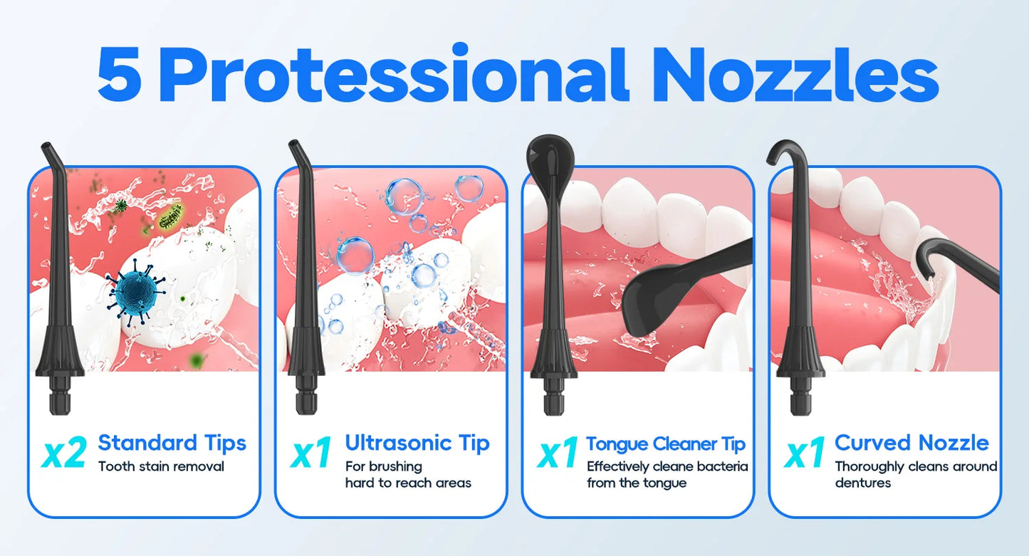 Portable Oral Irrigator | 5 Jet Tips | 5 Modes | 300ml | IPX7 Water Flosser